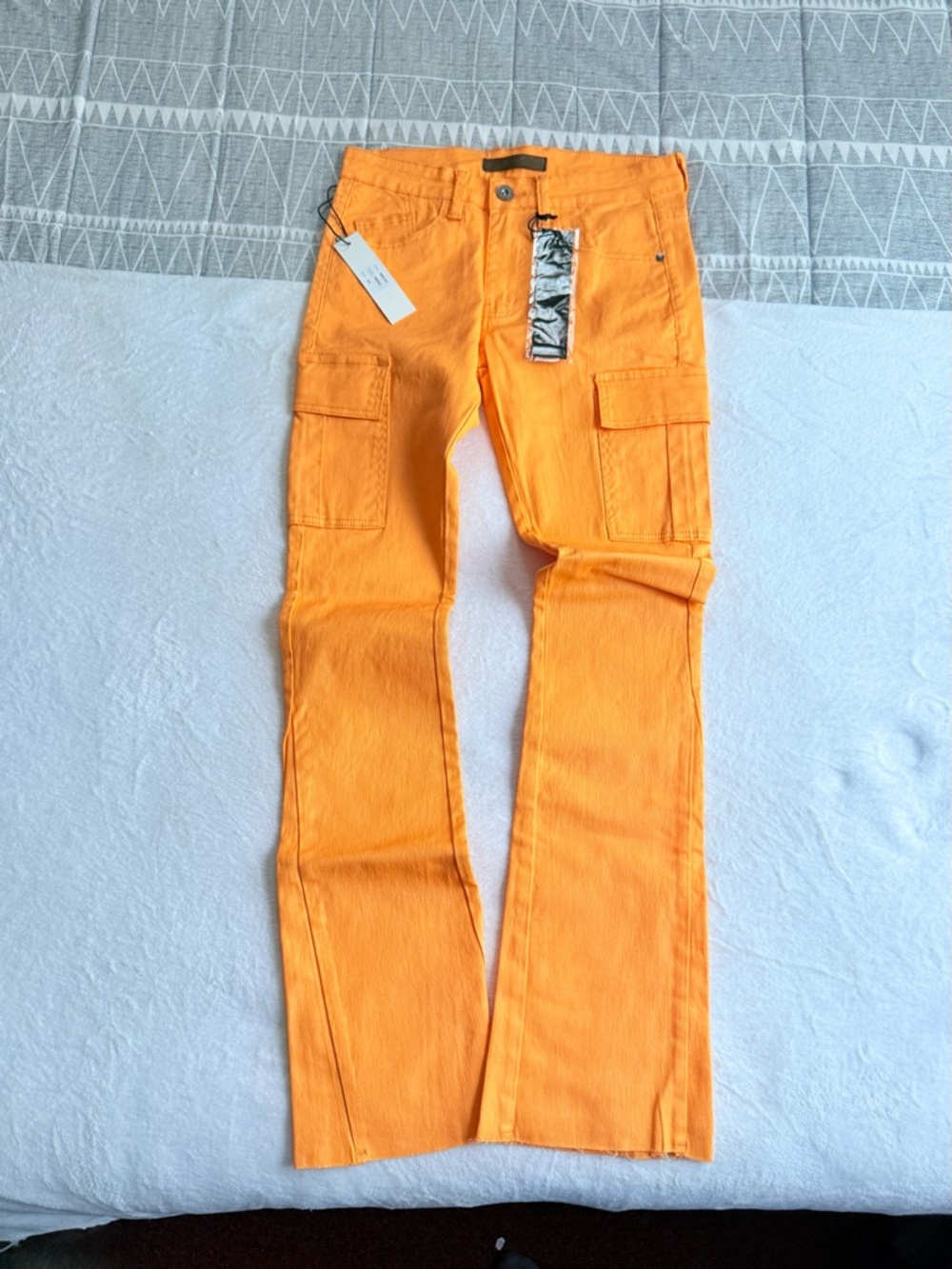 New Men's Orange KDNK Cargo Stacked Denim Jeans